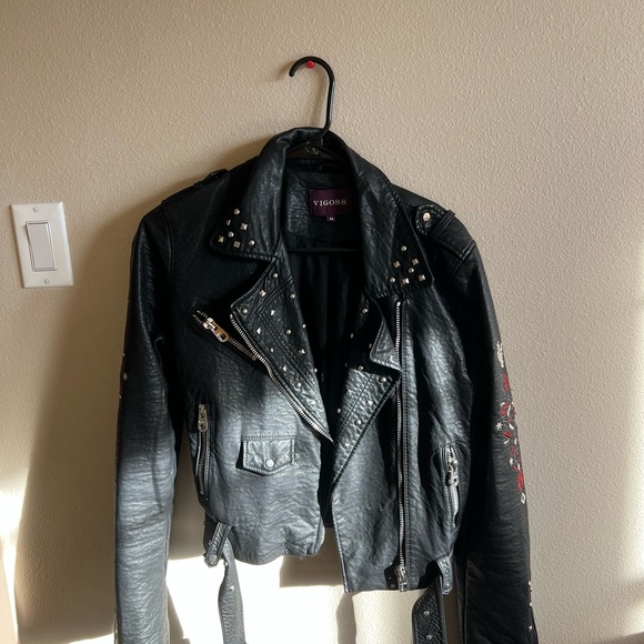 Black Women's Studded Vintage Leather Jacket - Picture 6 of 6